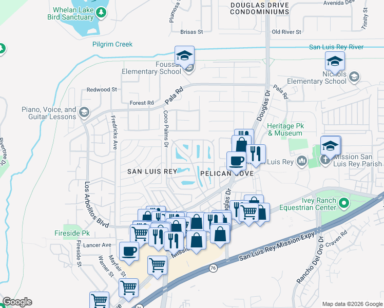 map of restaurants, bars, coffee shops, grocery stores, and more near 80 Estrella Lane in Oceanside