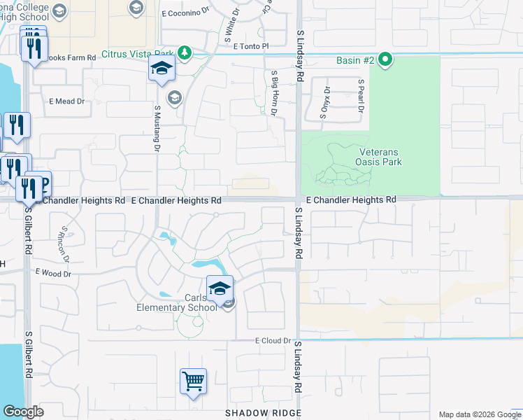 map of restaurants, bars, coffee shops, grocery stores, and more near 5010 South Pinaleno Place in Chandler