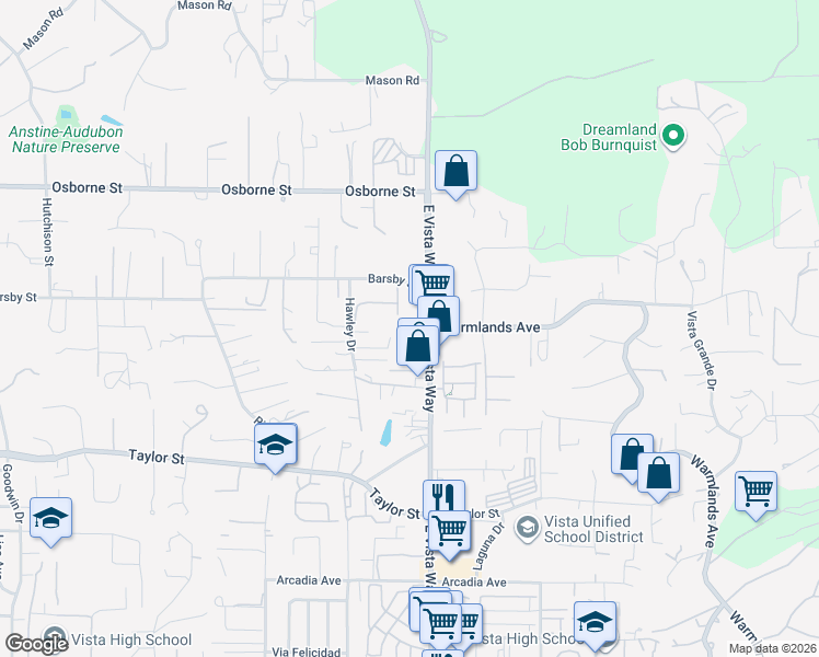 map of restaurants, bars, coffee shops, grocery stores, and more near in Vista