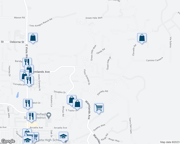 map of restaurants, bars, coffee shops, grocery stores, and more near 2151 Vista Grande Drive in Vista