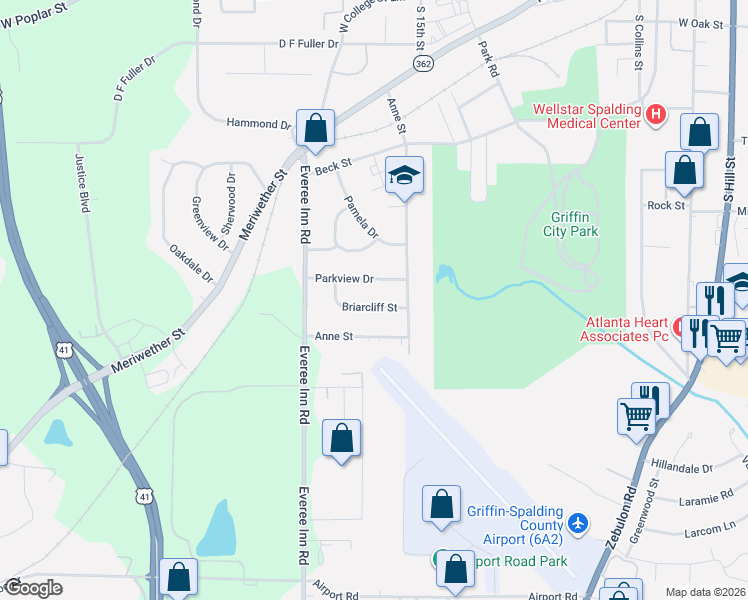map of restaurants, bars, coffee shops, grocery stores, and more near 1108 Briarcliff Street in Griffin