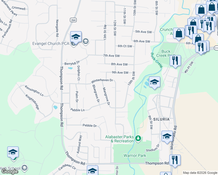 map of restaurants, bars, coffee shops, grocery stores, and more near 129 Winterhaven Drive in Alabaster