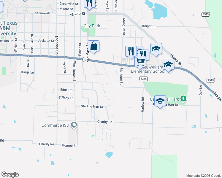 map of restaurants, bars, coffee shops, grocery stores, and more near 2819 Birchwood Lane in Commerce