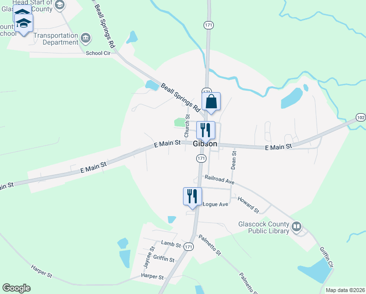 map of restaurants, bars, coffee shops, grocery stores, and more near 99 West Main Street in Gibson