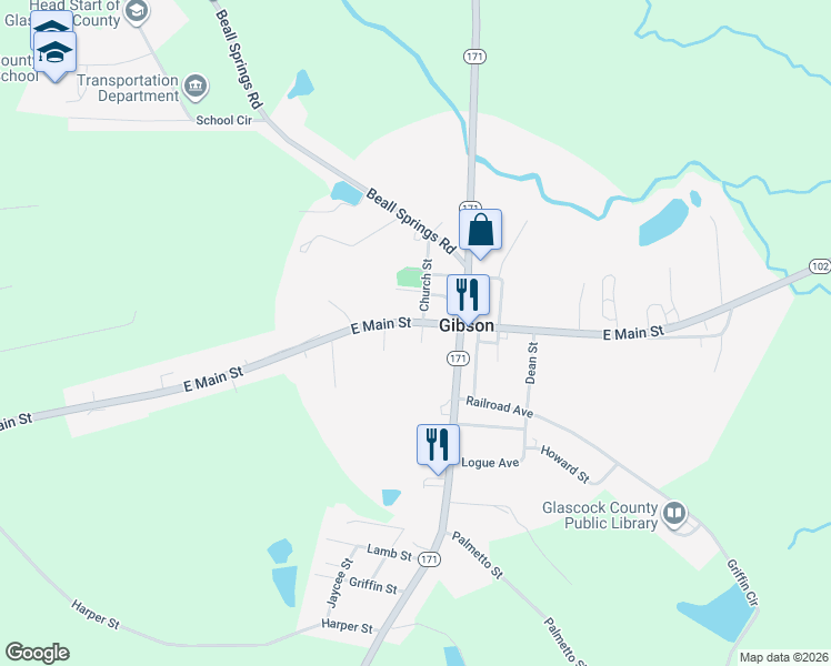 map of restaurants, bars, coffee shops, grocery stores, and more near 99 West Main Street in Gibson