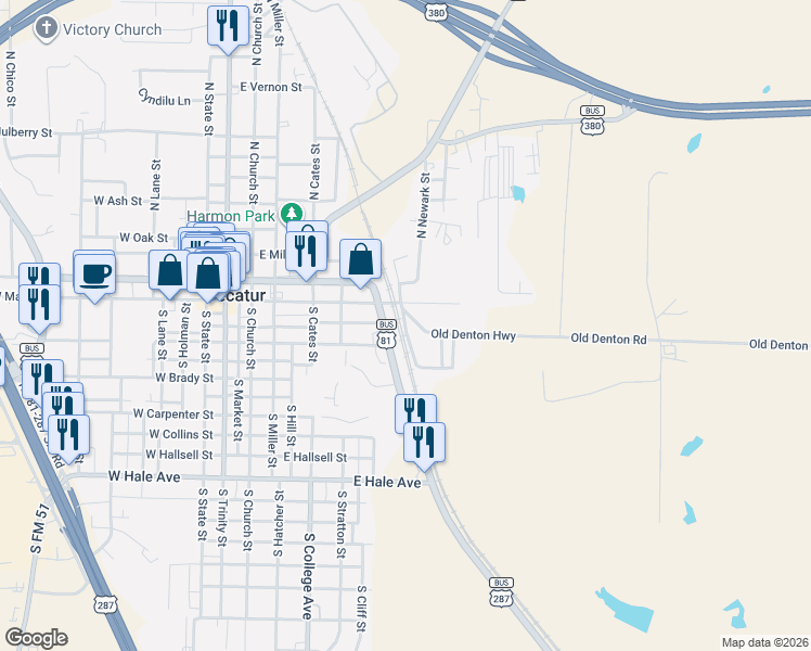 map of restaurants, bars, coffee shops, grocery stores, and more near 102 U.S. 81 Business in Decatur