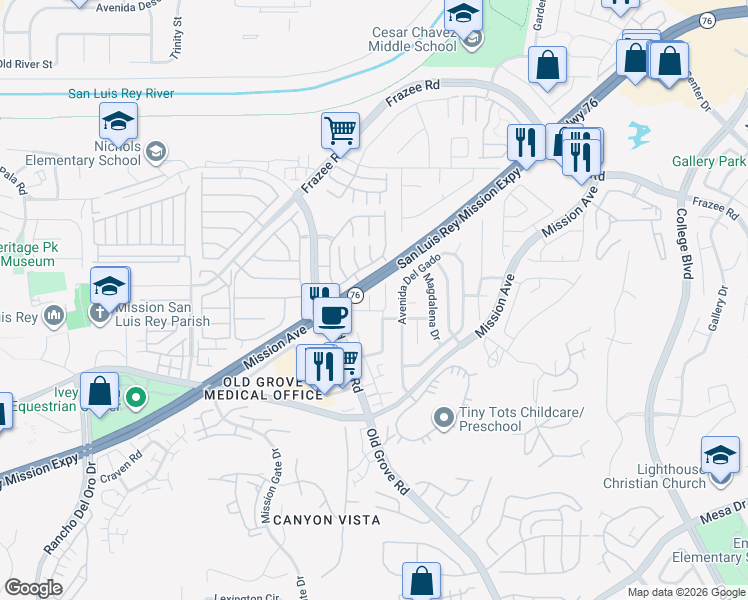 map of restaurants, bars, coffee shops, grocery stores, and more near 317 Pennyroyal Way in Oceanside