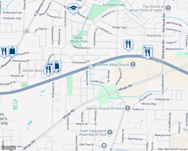 map of restaurants, bars, coffee shops, grocery stores, and more near 1808 Mohican Avenue in Denton