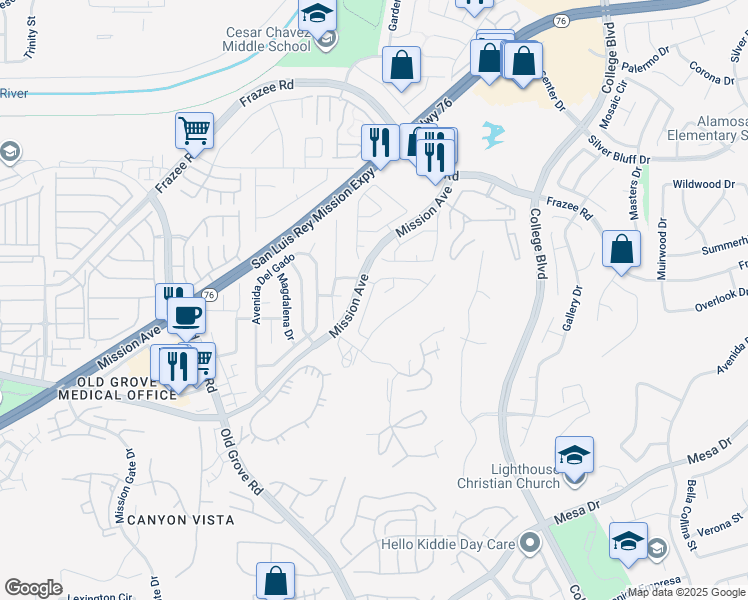 map of restaurants, bars, coffee shops, grocery stores, and more near 339 La Purisma Way in Oceanside