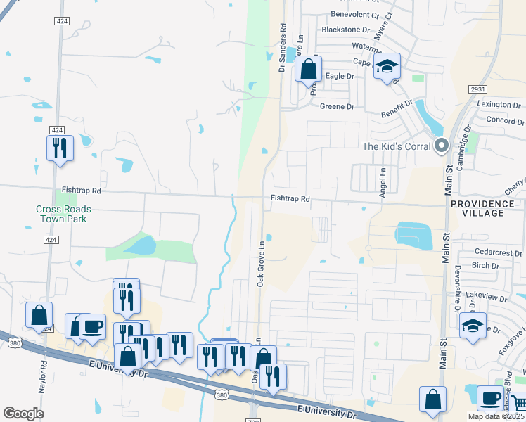 map of restaurants, bars, coffee shops, grocery stores, and more near 2072 Oak Grove Lane in Aubrey