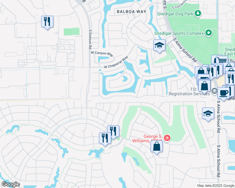 map of restaurants, bars, coffee shops, grocery stores, and more near 1721 West Lynx Way in Chandler