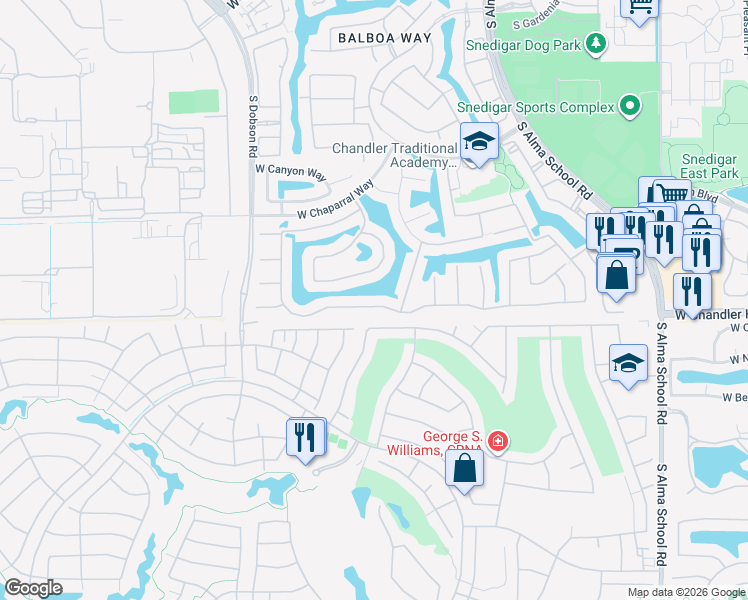 map of restaurants, bars, coffee shops, grocery stores, and more near 1671 West Lynx Way in Chandler