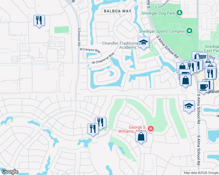 map of restaurants, bars, coffee shops, grocery stores, and more near 1721 West Lynx Way in Chandler