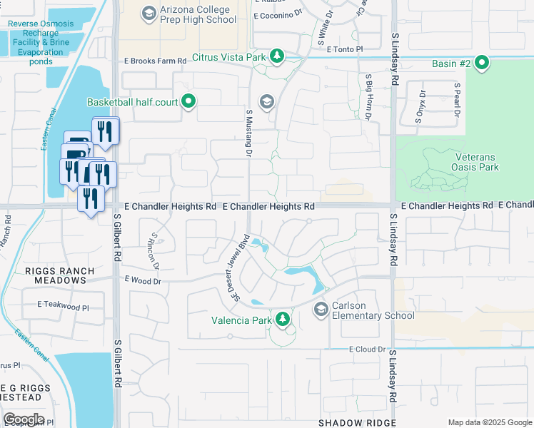 map of restaurants, bars, coffee shops, grocery stores, and more near 4960 South Huachuca Place in Chandler