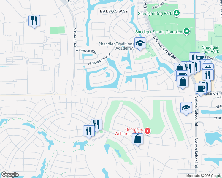 map of restaurants, bars, coffee shops, grocery stores, and more near 1671 West Lynx Way in Chandler