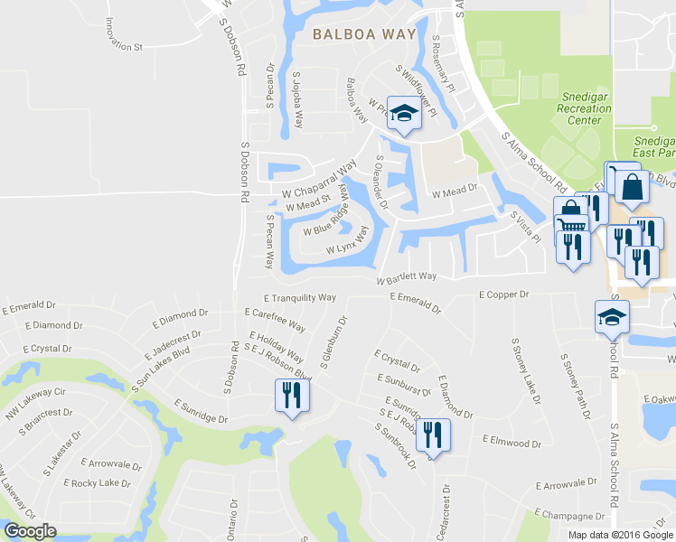 map of restaurants, bars, coffee shops, grocery stores, and more near 1721 West Lynx Way in Chandler