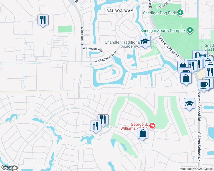 map of restaurants, bars, coffee shops, grocery stores, and more near 1721 West Lynx Way in Chandler