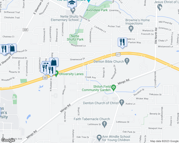 map of restaurants, bars, coffee shops, grocery stores, and more near 1808 Mohican Avenue in Denton
