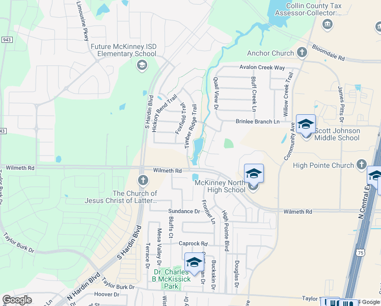 map of restaurants, bars, coffee shops, grocery stores, and more near 3100 Timber Ridge Trail in McKinney