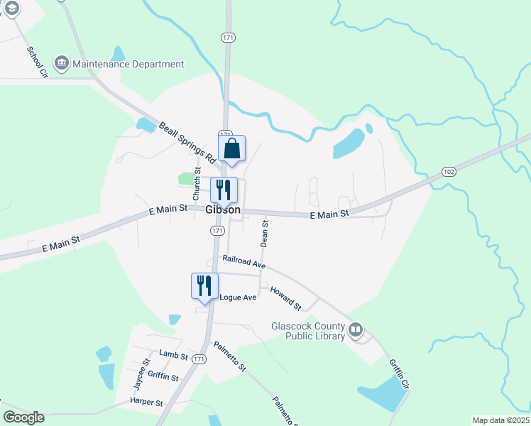 map of restaurants, bars, coffee shops, grocery stores, and more near 102 East Main Street in Gibson