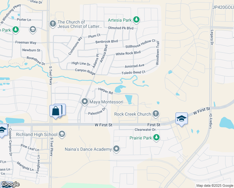 map of restaurants, bars, coffee shops, grocery stores, and more near Harper Road in Prosper