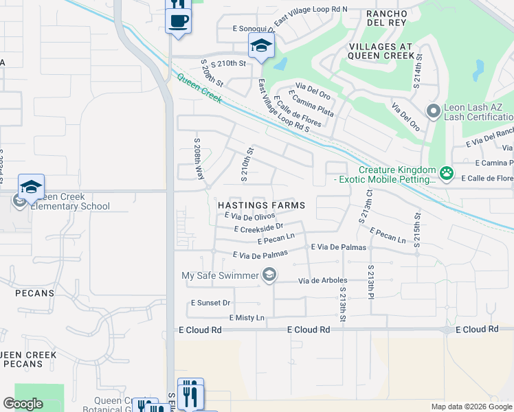 map of restaurants, bars, coffee shops, grocery stores, and more near in Queen Creek