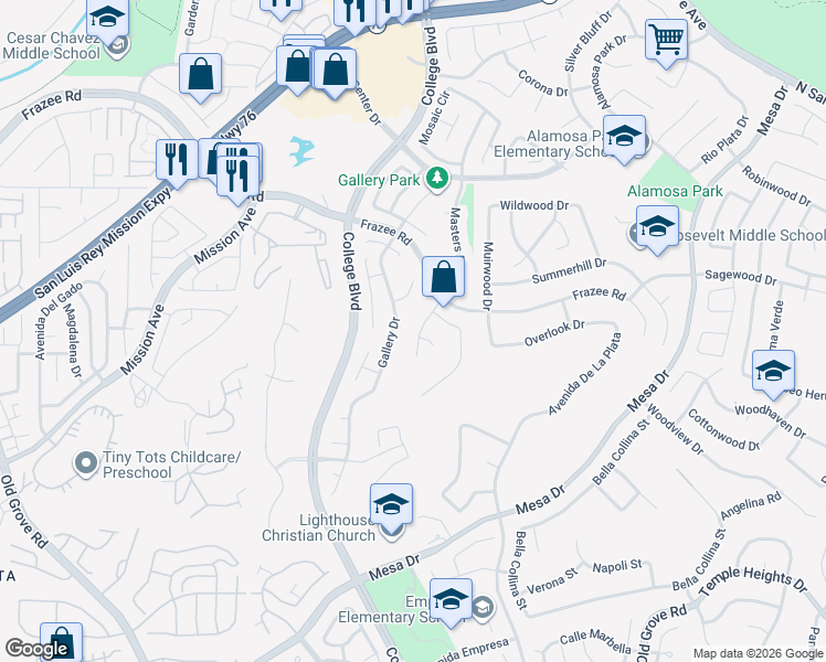 map of restaurants, bars, coffee shops, grocery stores, and more near 937 Gallery Drive in Oceanside