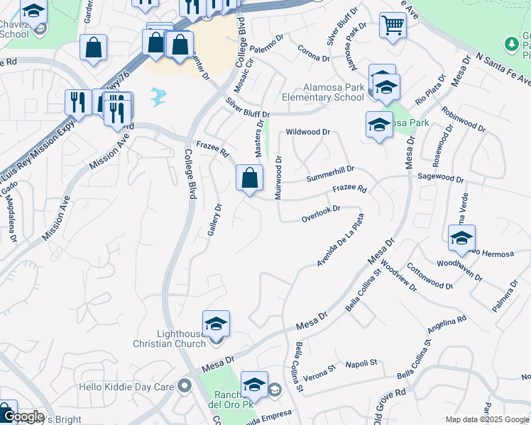 map of restaurants, bars, coffee shops, grocery stores, and more near 797 Muirwood Drive in Oceanside