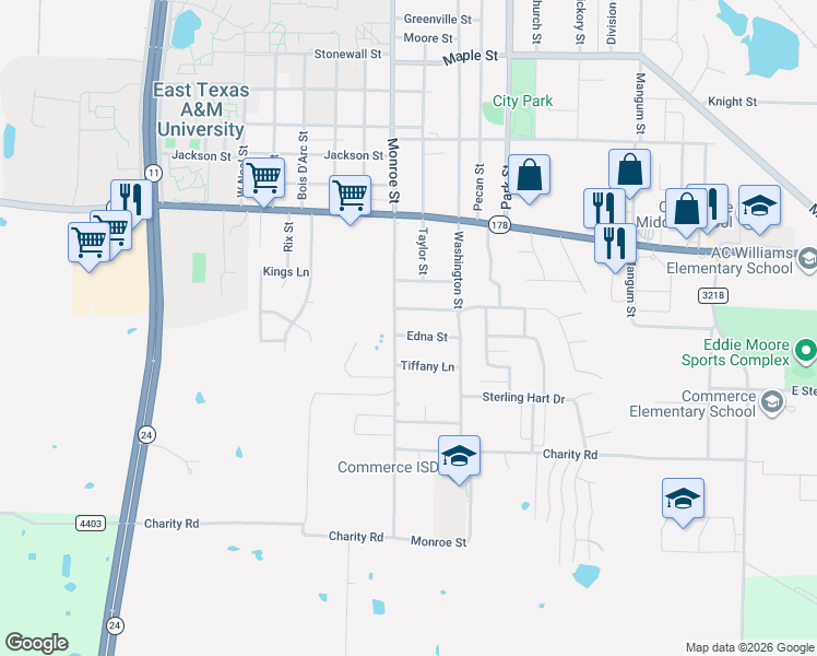 map of restaurants, bars, coffee shops, grocery stores, and more near 1411 Tanglewood Drive in Commerce