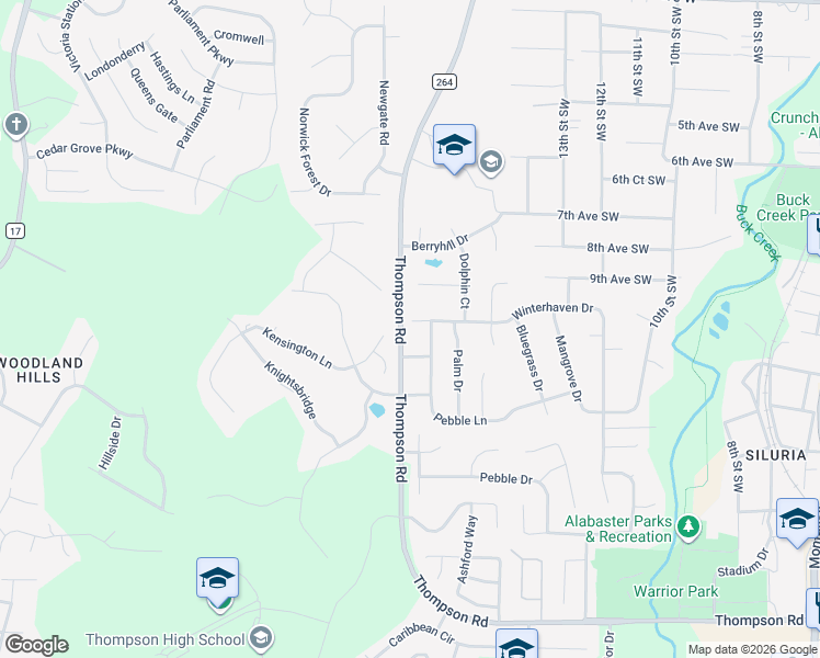 map of restaurants, bars, coffee shops, grocery stores, and more near 203 Winterhaven Drive in Alabaster