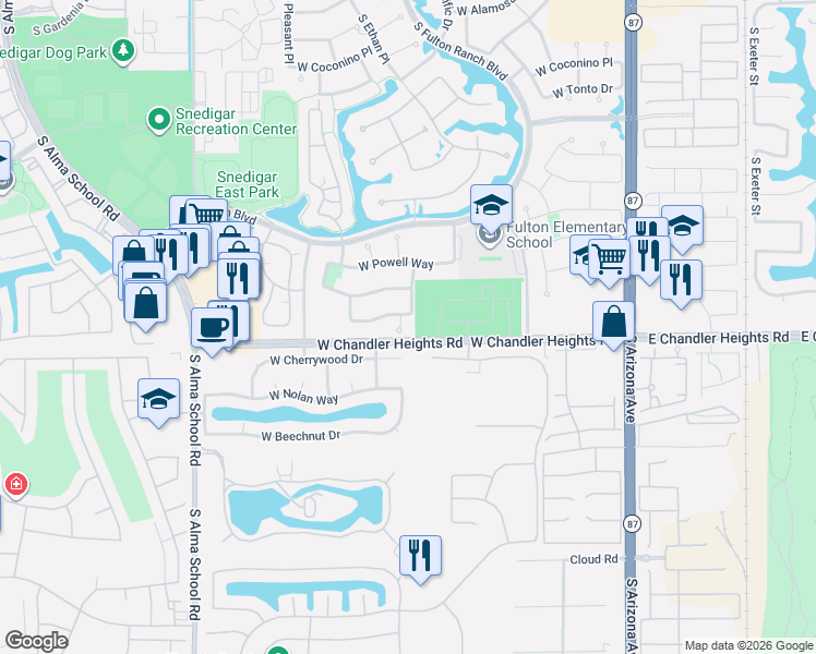 map of restaurants, bars, coffee shops, grocery stores, and more near 624 West Bartlett Way in Chandler