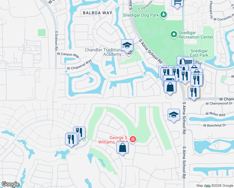 map of restaurants, bars, coffee shops, grocery stores, and more near 4901 South Wildflower Place in Chandler
