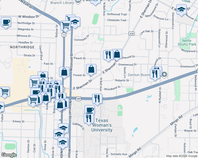 map of restaurants, bars, coffee shops, grocery stores, and more near 423 East Sherman Drive in Denton