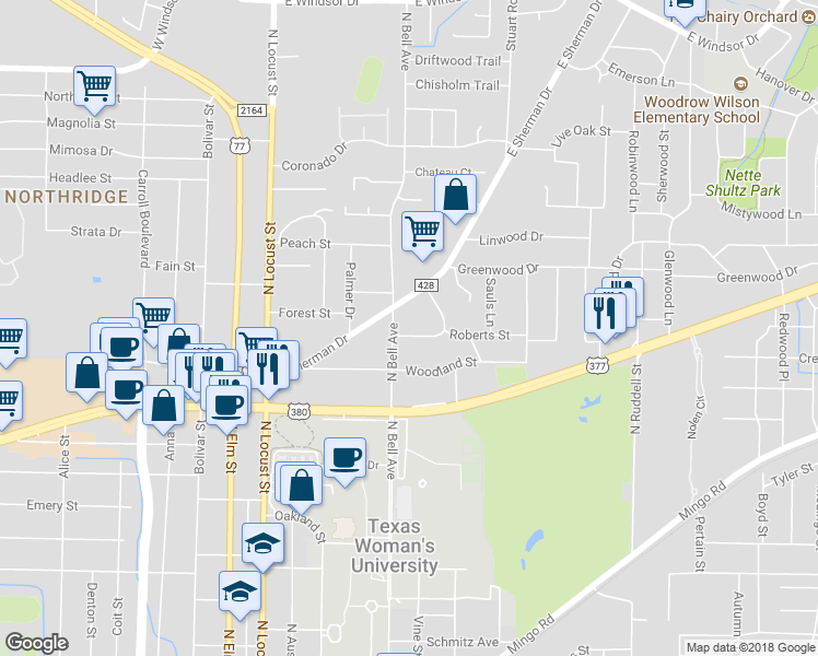 map of restaurants, bars, coffee shops, grocery stores, and more near 505 Roberts Street in Denton