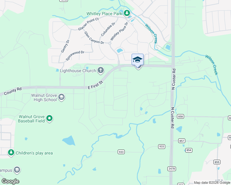 map of restaurants, bars, coffee shops, grocery stores, and more near 3602 East 1st Street in Prosper