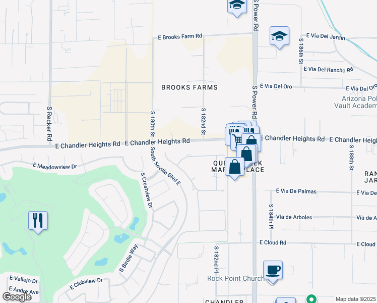 map of restaurants, bars, coffee shops, grocery stores, and more near 4544 East Meadowview Drive in Gilbert
