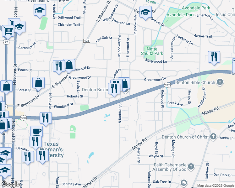 map of restaurants, bars, coffee shops, grocery stores, and more near 2015 Robinwood Lane in Denton