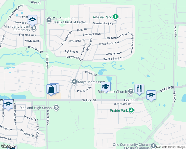 map of restaurants, bars, coffee shops, grocery stores, and more near 16101 Harper Road in Prosper