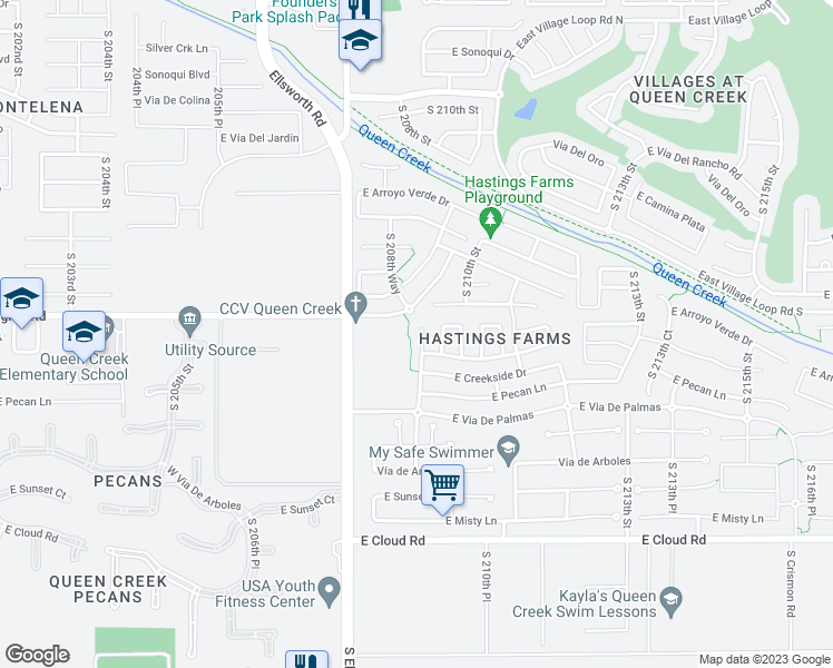 map of restaurants, bars, coffee shops, grocery stores, and more near 23664 South 209th Court in Queen Creek