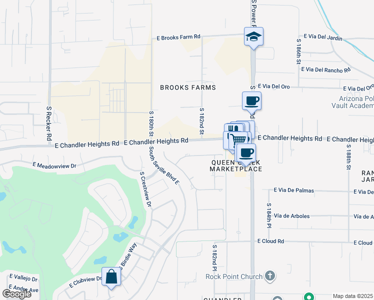 map of restaurants, bars, coffee shops, grocery stores, and more near 4544 East Meadowview Drive in Gilbert