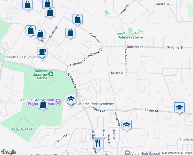 map of restaurants, bars, coffee shops, grocery stores, and more near 2059 Paseo De Anza in Vista