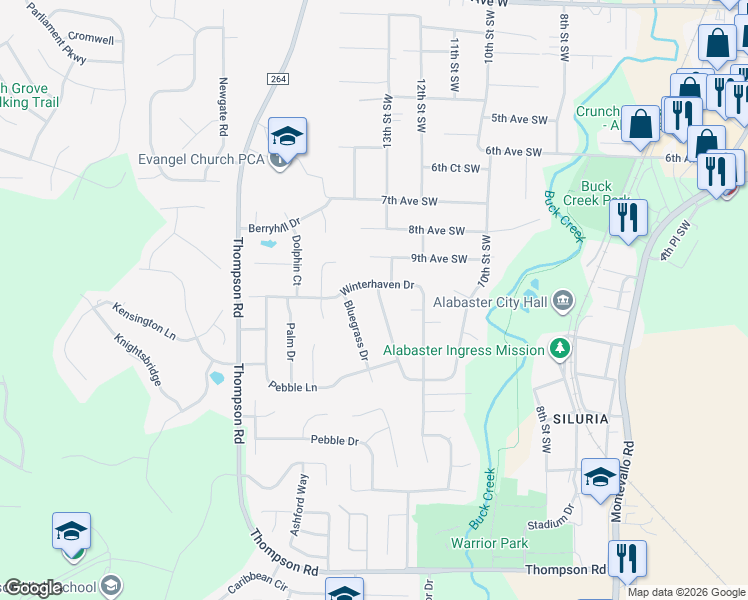 map of restaurants, bars, coffee shops, grocery stores, and more near 159 Winterhaven Drive in Alabaster
