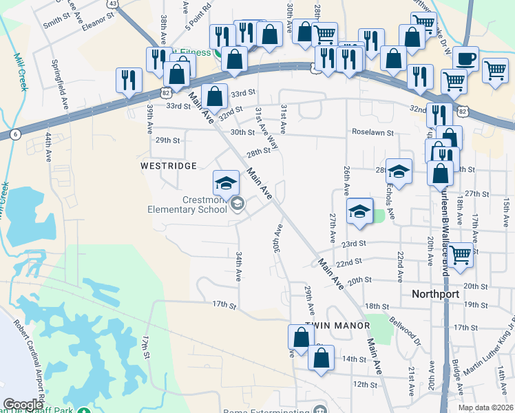 map of restaurants, bars, coffee shops, grocery stores, and more near 2409 33rd Avenue in Northport