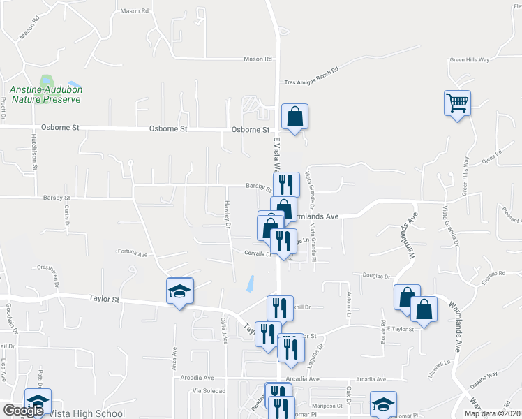 map of restaurants, bars, coffee shops, grocery stores, and more near 1035 Barsby Street in Vista
