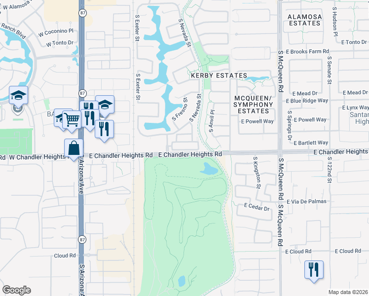 map of restaurants, bars, coffee shops, grocery stores, and more near 519 East Rainbow Drive in Chandler