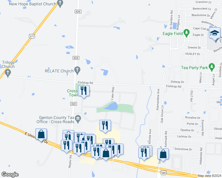 map of restaurants, bars, coffee shops, grocery stores, and more near 127 Las Colinas Trail in Cross Roads