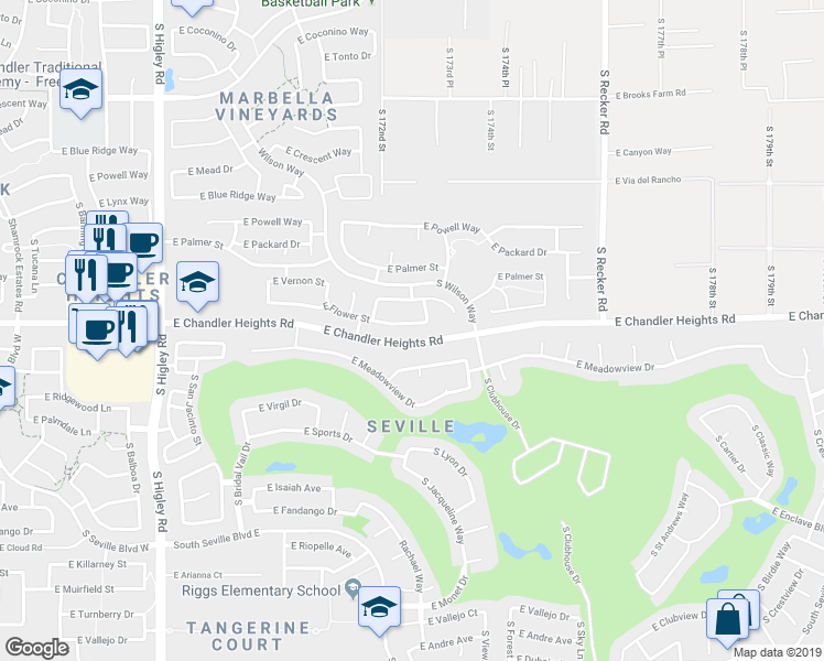 map of restaurants, bars, coffee shops, grocery stores, and more near 3644 East Flower Street in Gilbert
