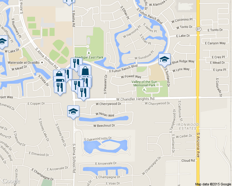 map of restaurants, bars, coffee shops, grocery stores, and more near 694 West Bartlett Way in Chandler