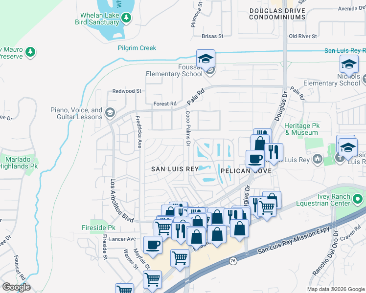 map of restaurants, bars, coffee shops, grocery stores, and more near 3951 Magnolia Road in Oceanside