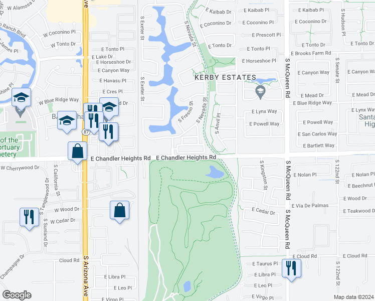map of restaurants, bars, coffee shops, grocery stores, and more near 526 East Bartlett Way in Chandler